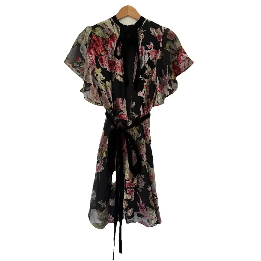 ZARA Devore Floral Burnout Velvet Mini Dress Tie Waist XS Whimsigoth Romantic - Picture 7 of 15